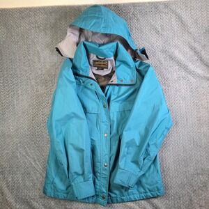 Vintage Eddie Bauer Women's Medium Teal Hooded Rain Jacket Shell Outdoor